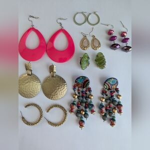 Lot Multicolor Beaded Statement Dangle Earrings - Pink, Gold & Green